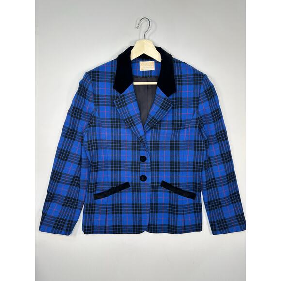 Pendleton Jackets & Blazers - Vintage 1990’s Blue and Black Wool Plaid Blazer Jacket w/ Velvet Collar Size 10